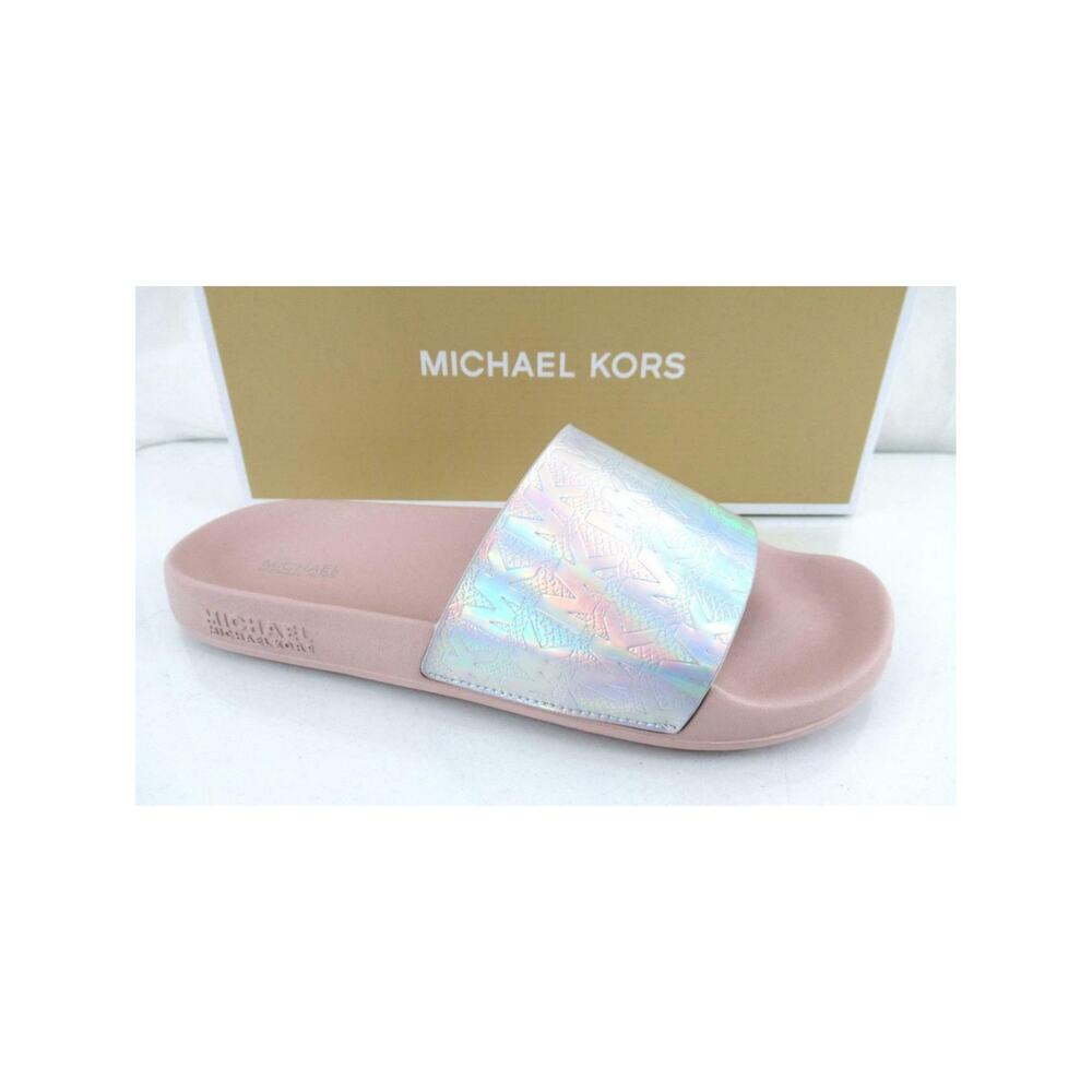 Michael Kors Gilmore Slide Sandals MK Debossed Metallic Silver Multi Size 9